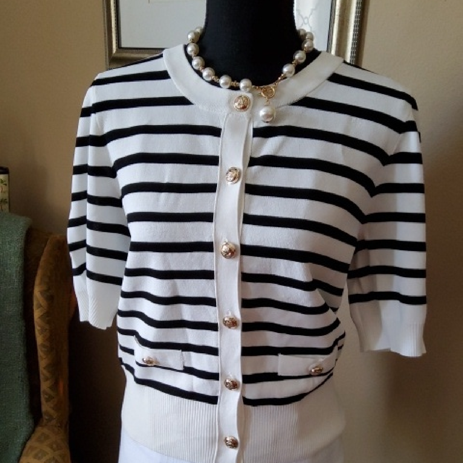 Cece Black And White Striped Cardigan